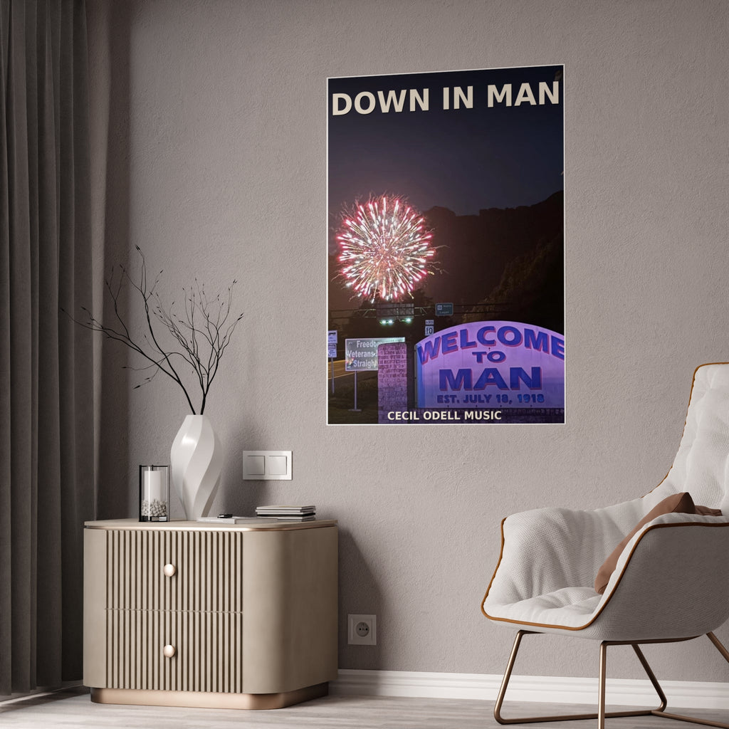 Gloss Poster - 'Down in Man' Fireworks Welcome Sign Travel Art Print - Cecil Odell Music