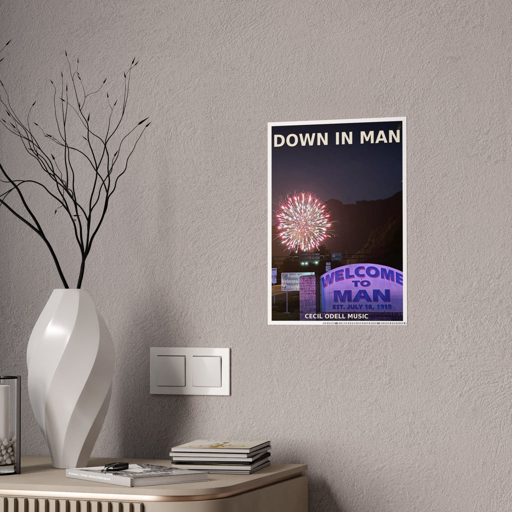 Gloss Poster - 'Down in Man' Fireworks Welcome Sign Travel Art Print - Cecil Odell Music