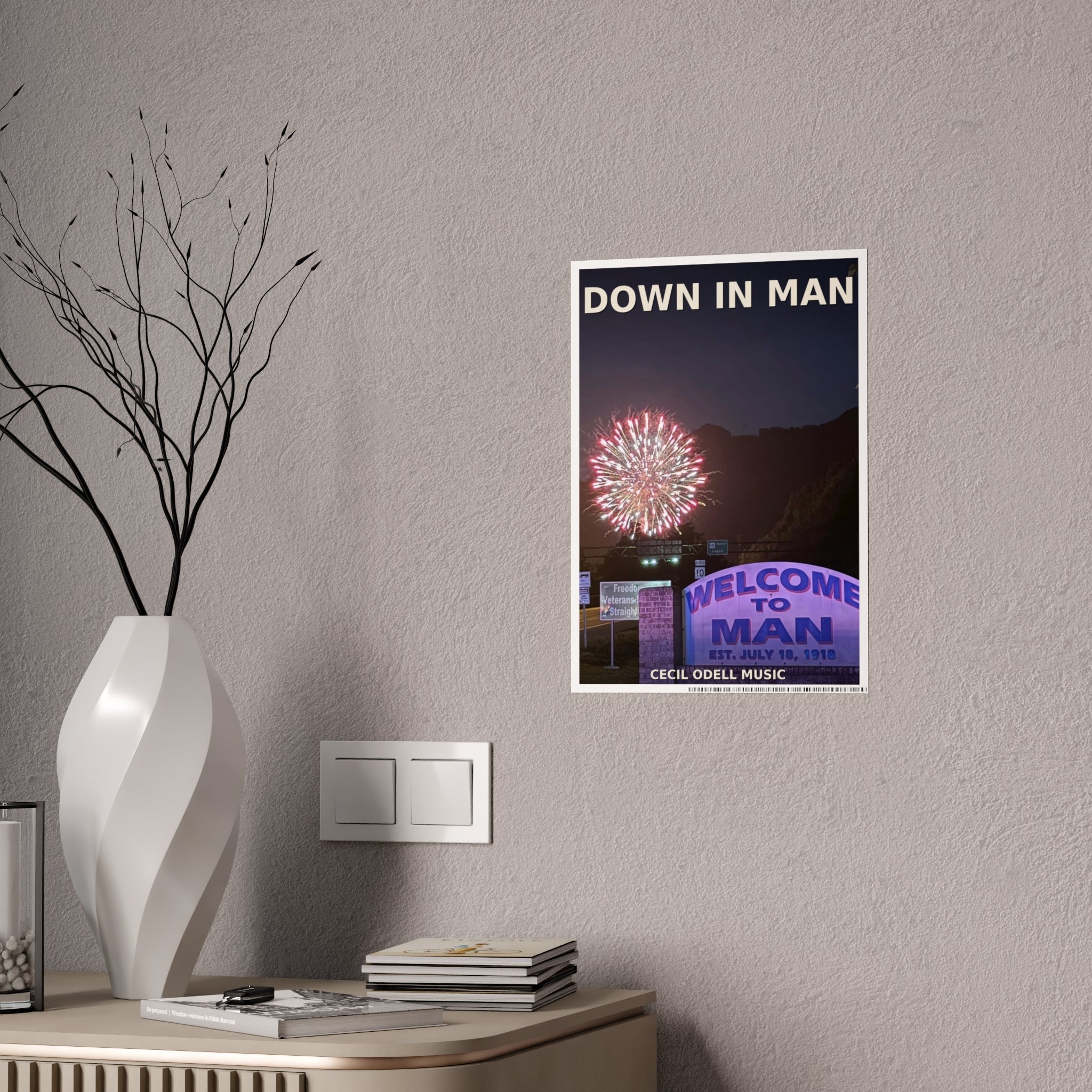 Gloss Poster - 'Down in Man' Fireworks Welcome Sign Travel Art Print - Cecil Odell Music