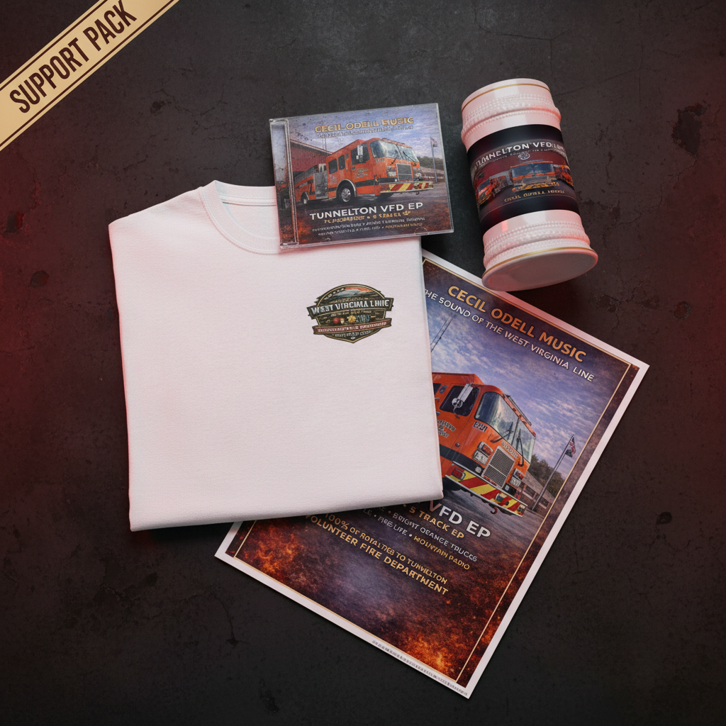 Tunnelton VFD Support Pack bundle featuring CD, firetruck tee, beer stein, and gloss poster