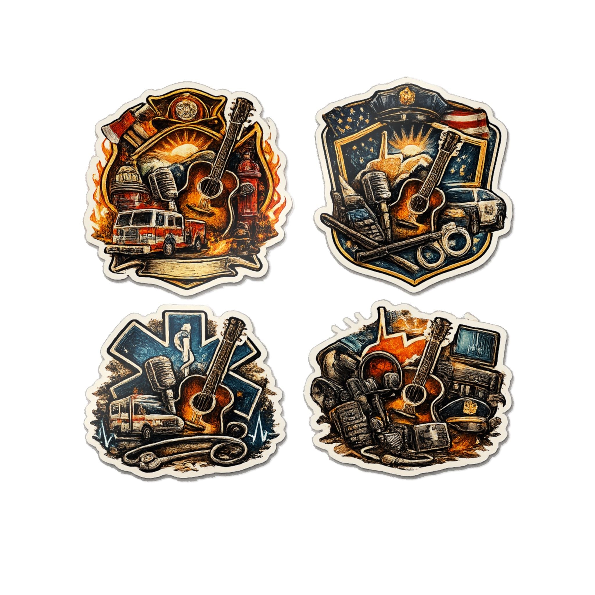 Music Roadtrip Die - Cut Sticker Pack: Vintage Guitar & Travel Icons (Set of 4) - Cecil Odell Music