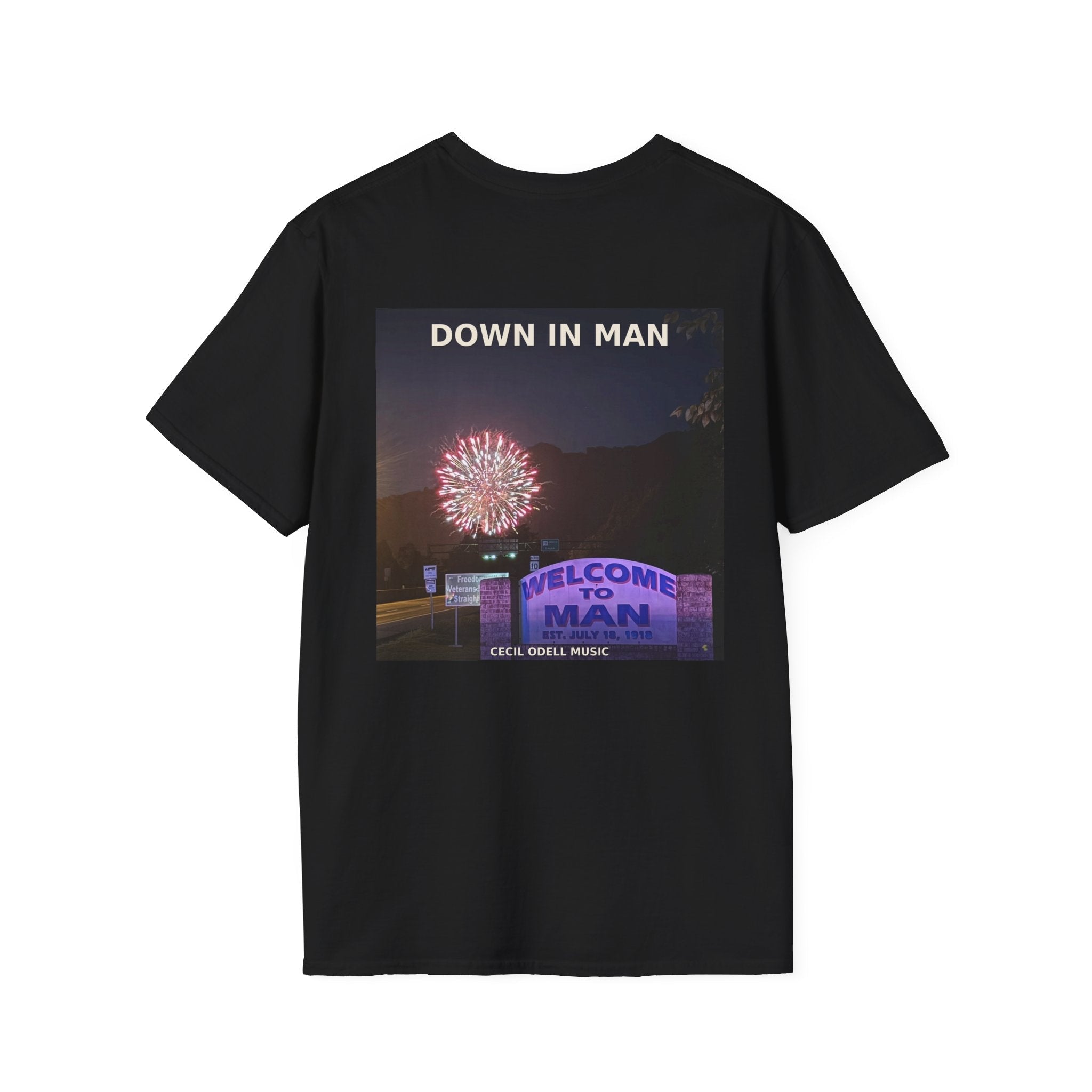 T-Shirt: "Down in Man" Photo Graphic Tee (Welcome to Man Fireworks) - Cecil Odell Music