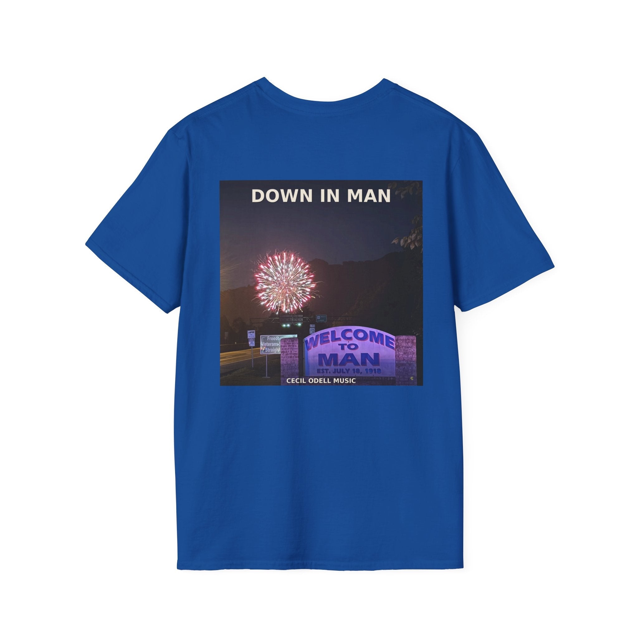 T-Shirt: "Down in Man" Photo Graphic Tee (Welcome to Man Fireworks) - Cecil Odell Music