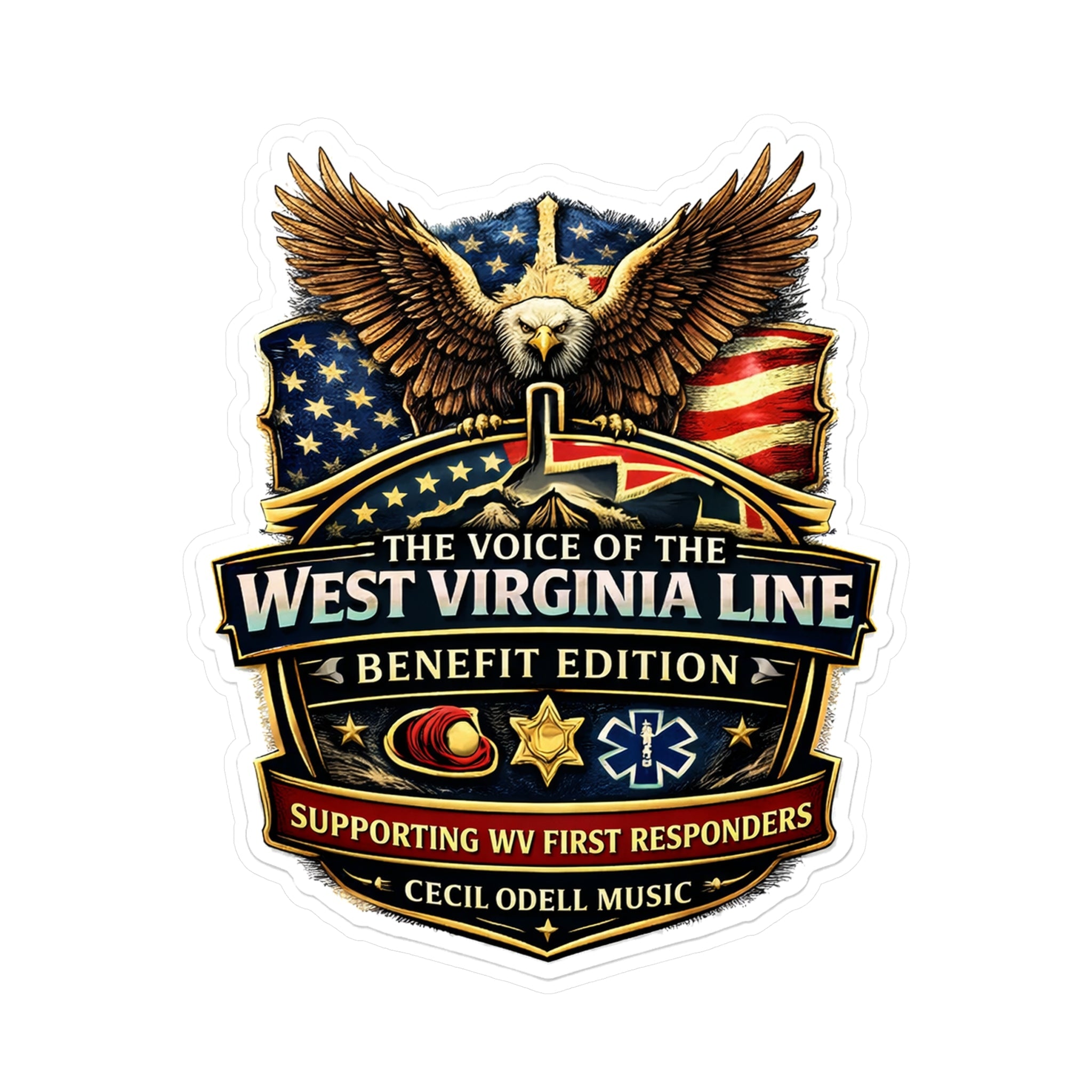 West Virginia Line Benefit Edition Kiss - Cut Vinyl Sticker: Supporting WV First Responders - Cecil Odell Music