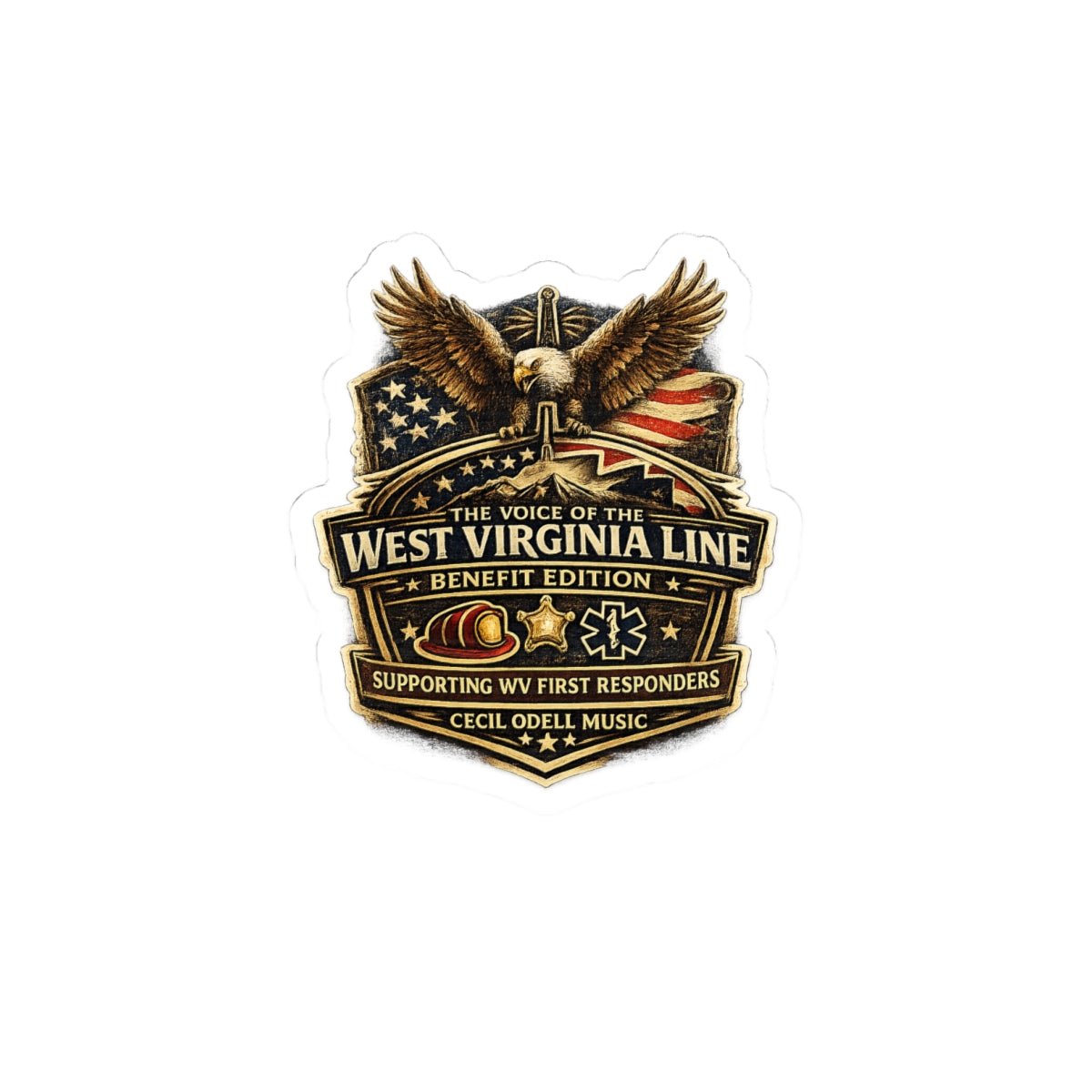 West Virginia Line Benefit Edition Sticker: Supporting WV First Responders, Eagle & Flag Kiss - Cut Sticker - Cecil Odell Music