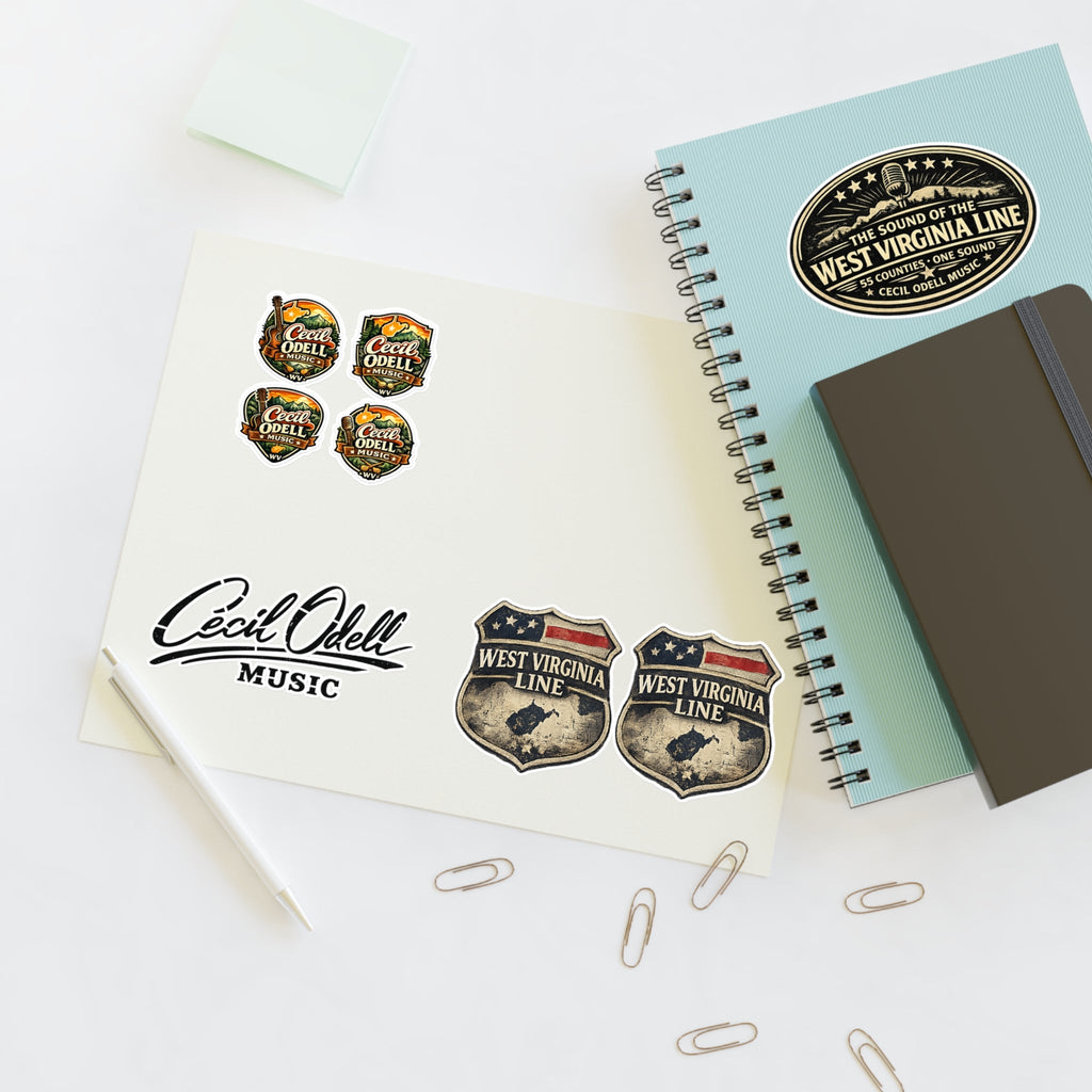 West Virginia Line Music Sticker Sheet: Cecil Odell Band Logo & Vintage Badges - Cecil Odell Music