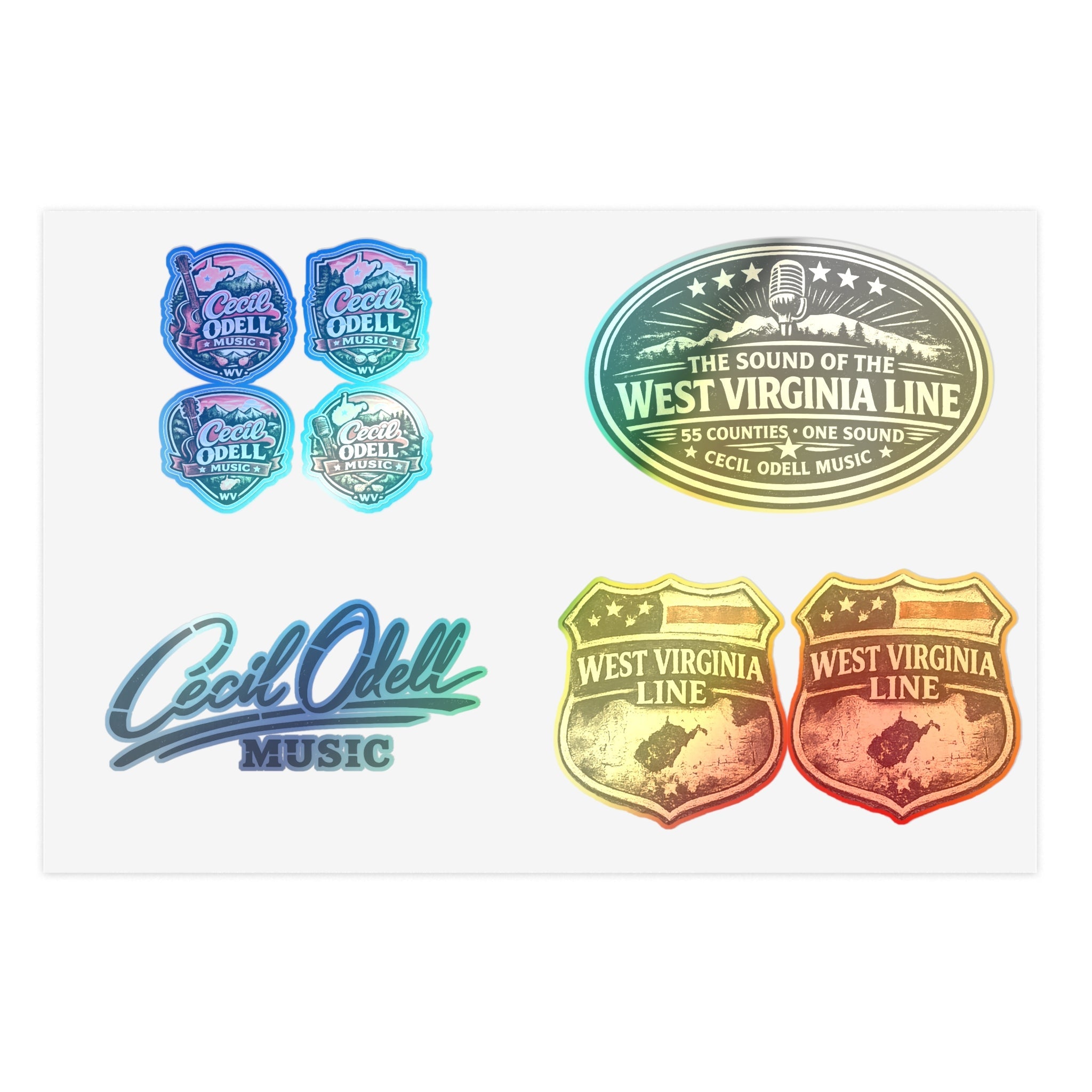 West Virginia Line Music Sticker Sheet: Cecil Odell Band Logo & Vintage Badges - Cecil Odell Music