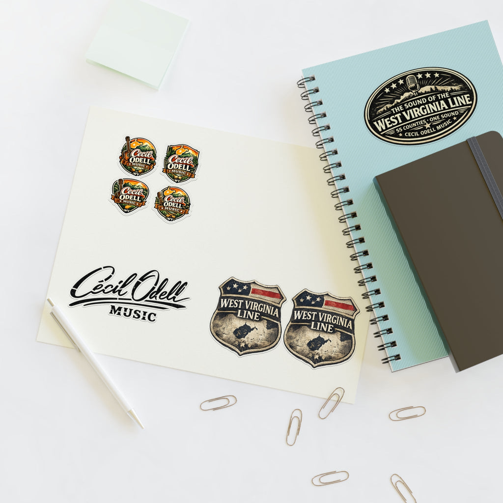 West Virginia Line Music Sticker Sheet: Cecil Odell Band Logo & Vintage Badges - Cecil Odell Music