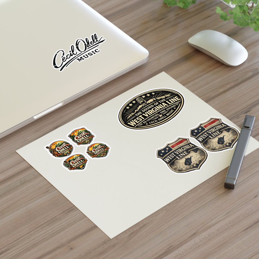 West Virginia Line Music Sticker Sheet: Cecil Odell Band Logo & Vintage Badges - Cecil Odell Music