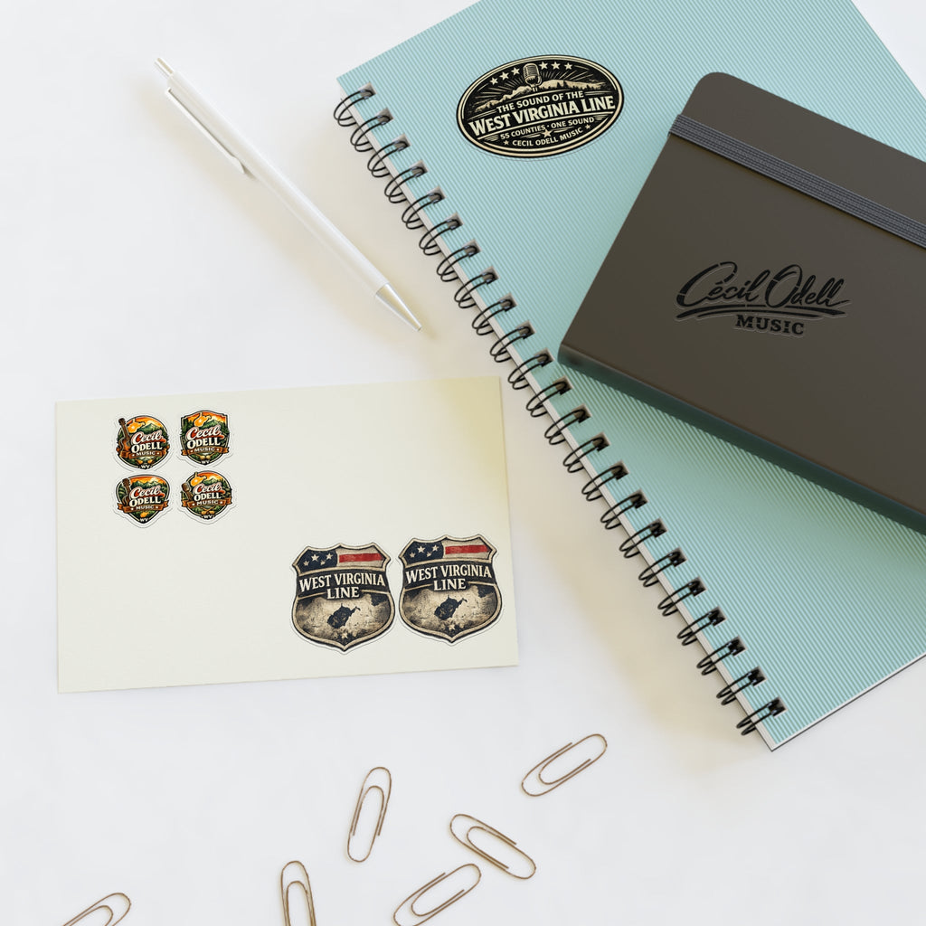 West Virginia Line Music Sticker Sheet: Cecil Odell Band Logo & Vintage Badges - Cecil Odell Music