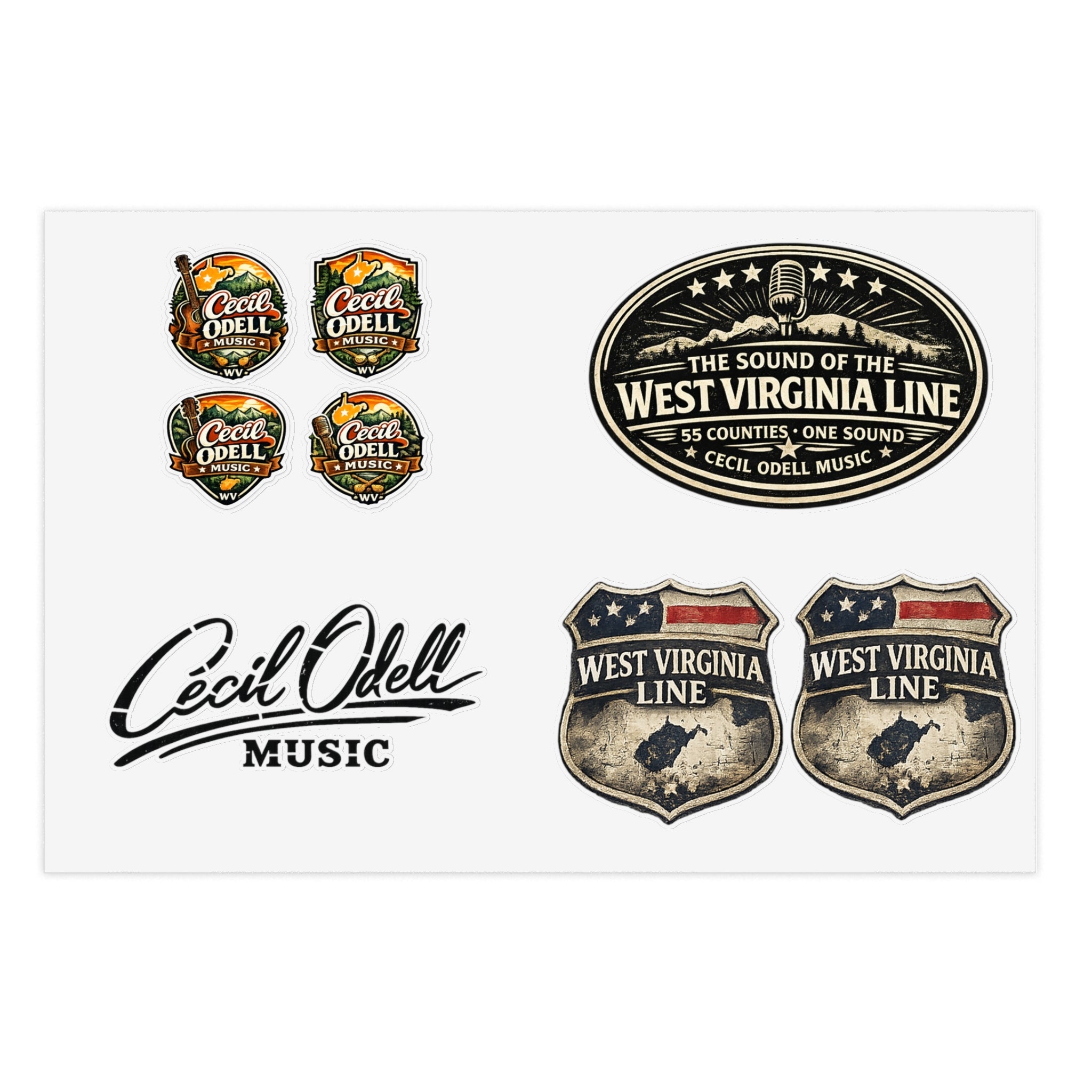West Virginia Line Music Sticker Sheet: Cecil Odell Band Logo & Vintage Badges - Cecil Odell Music