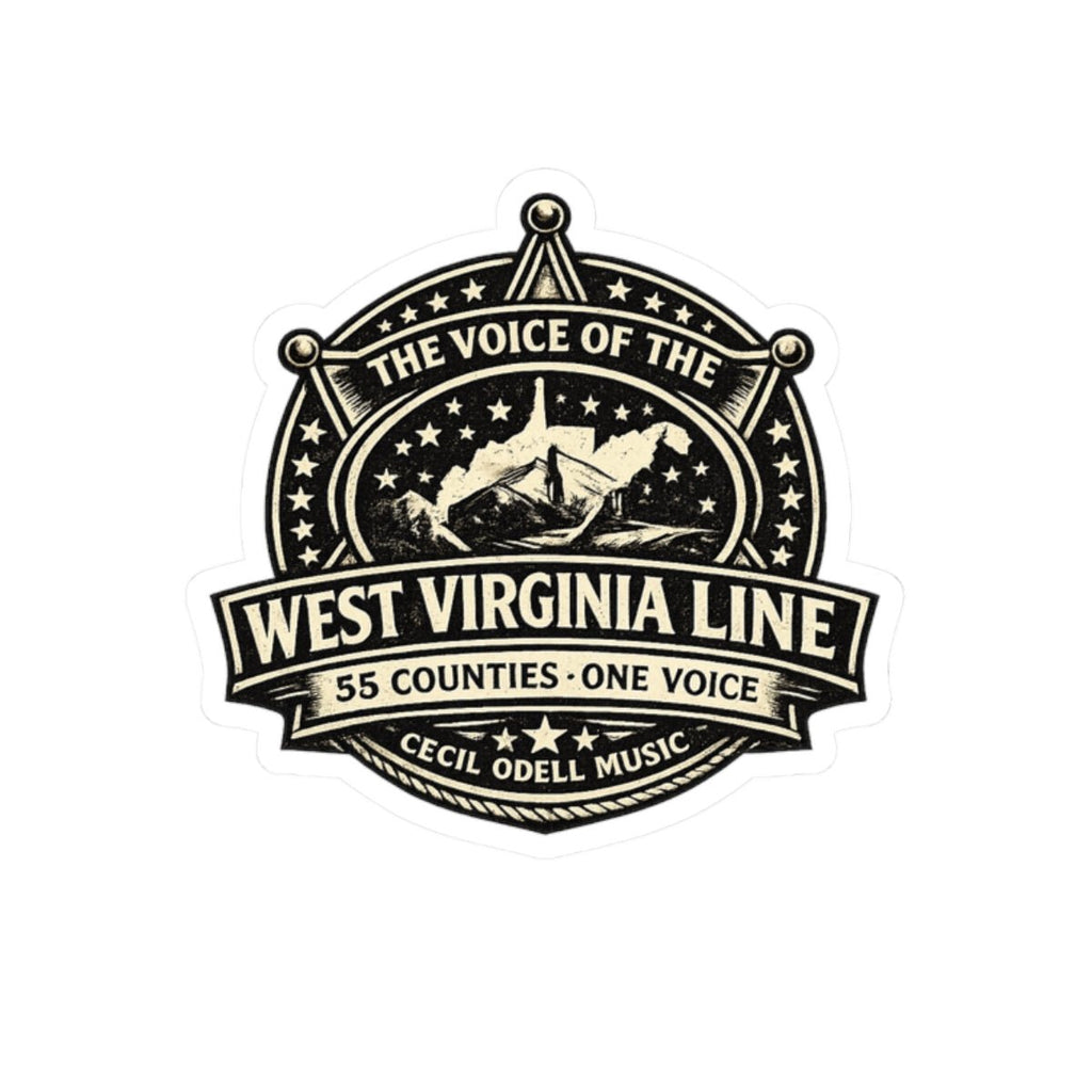 West Virginia Line Vintage Badge Kiss - Cut Sticker: “The Voice of the West Virginia Line” - Cecil Odell Music