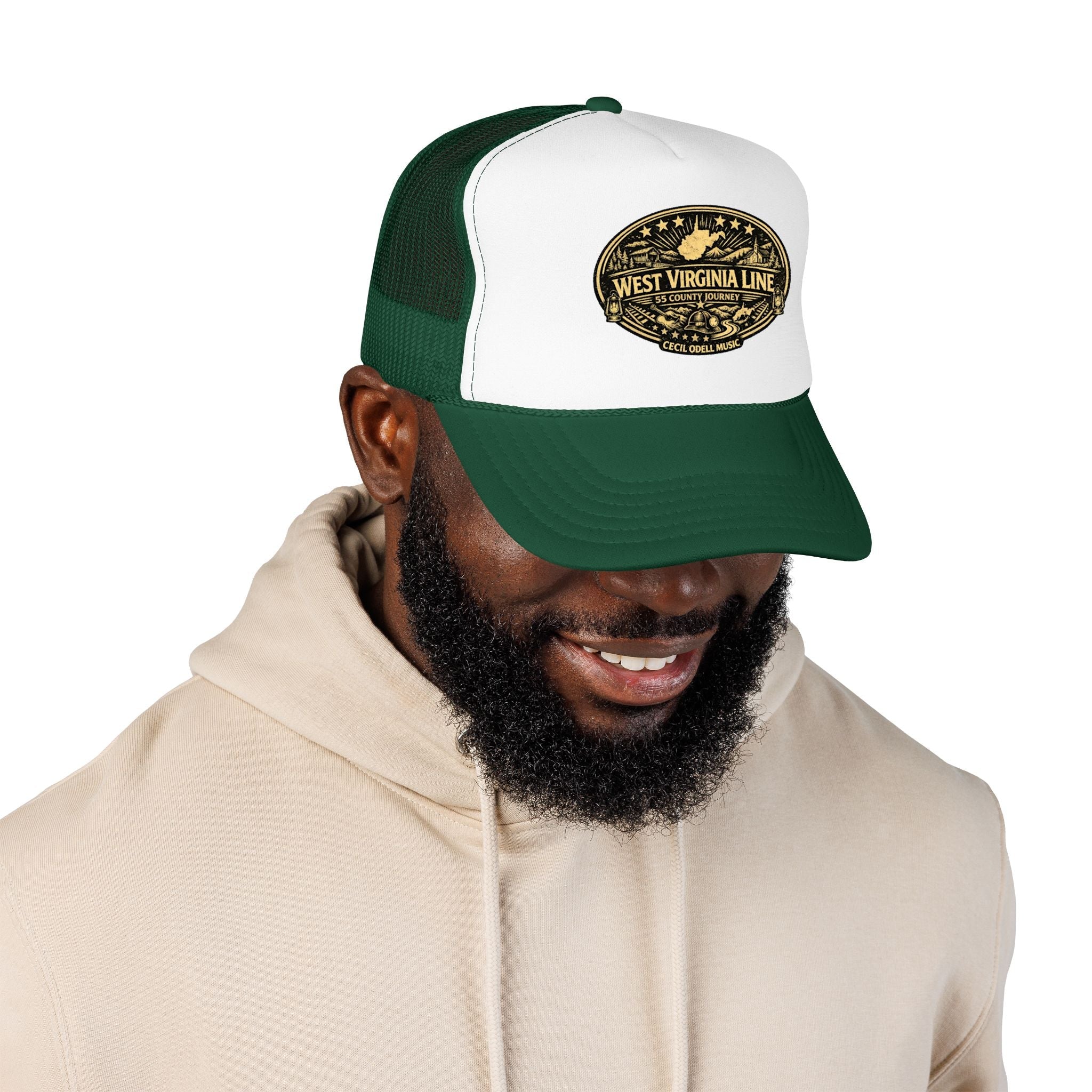 West Virginia Line Vintage Foam Trucker Hat: Rustic State Patch Cap - Cecil Odell Music