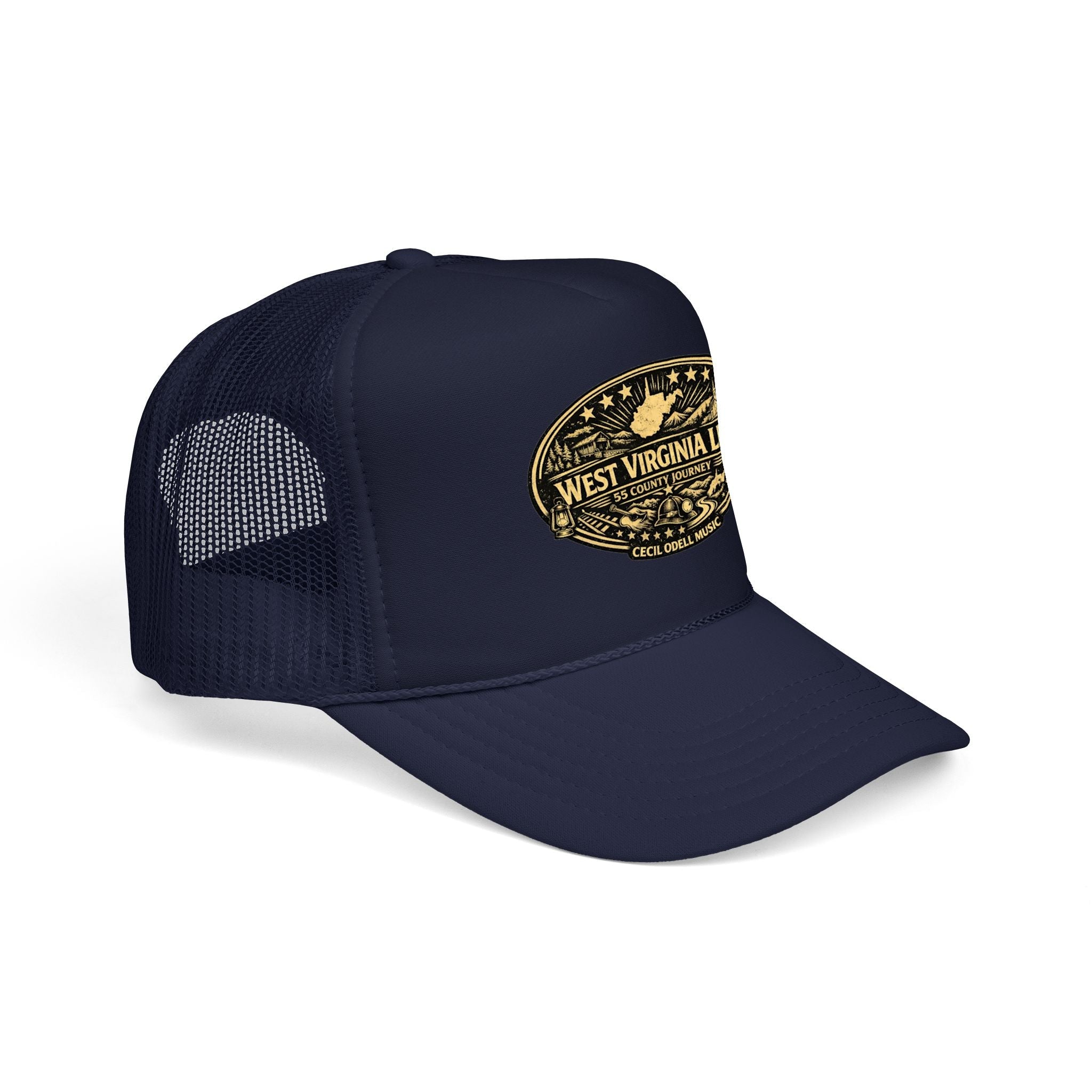 West Virginia Line Vintage Foam Trucker Hat: Rustic State Patch Cap - Cecil Odell Music