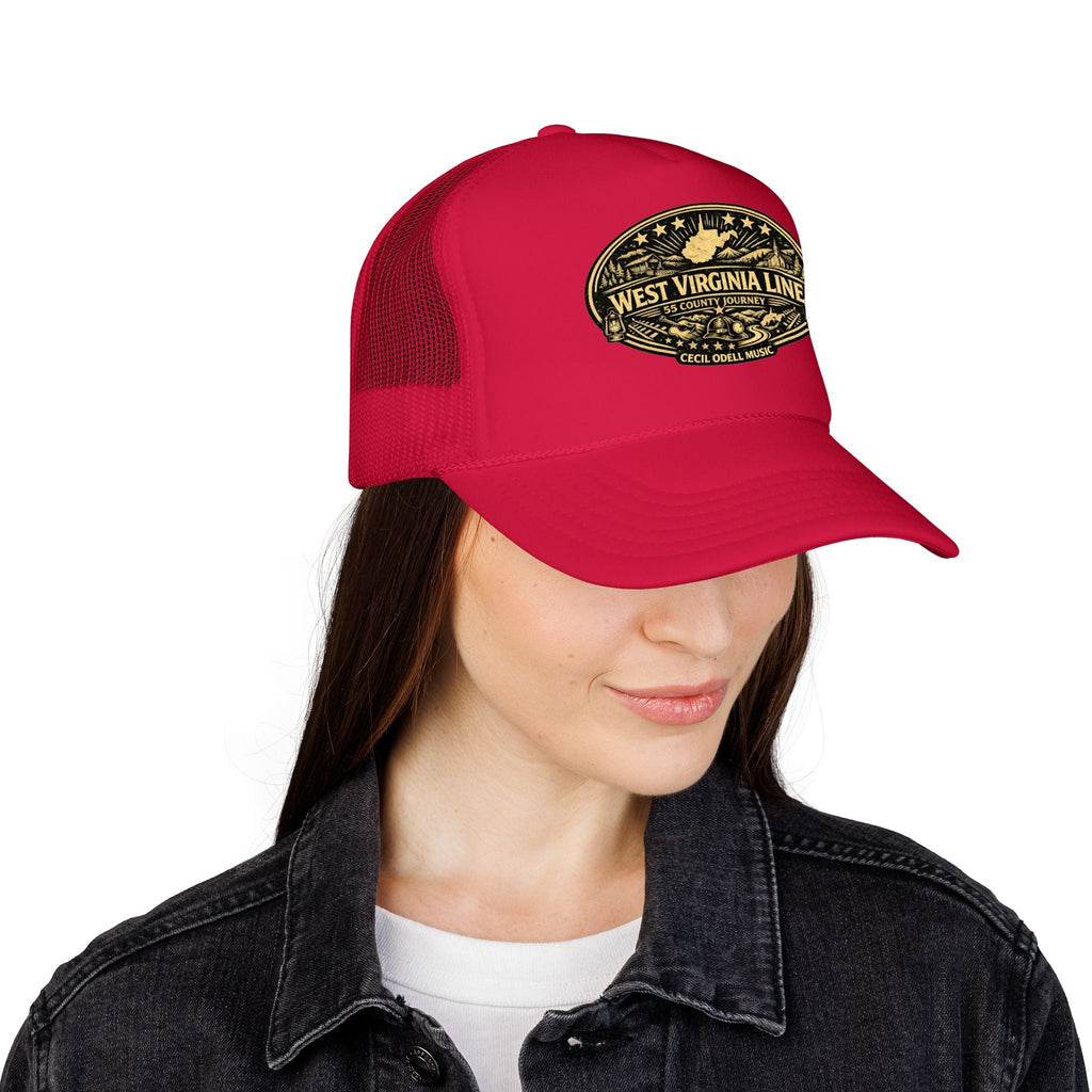 West Virginia Line Vintage Foam Trucker Hat: Rustic State Patch Cap - Cecil Odell Music