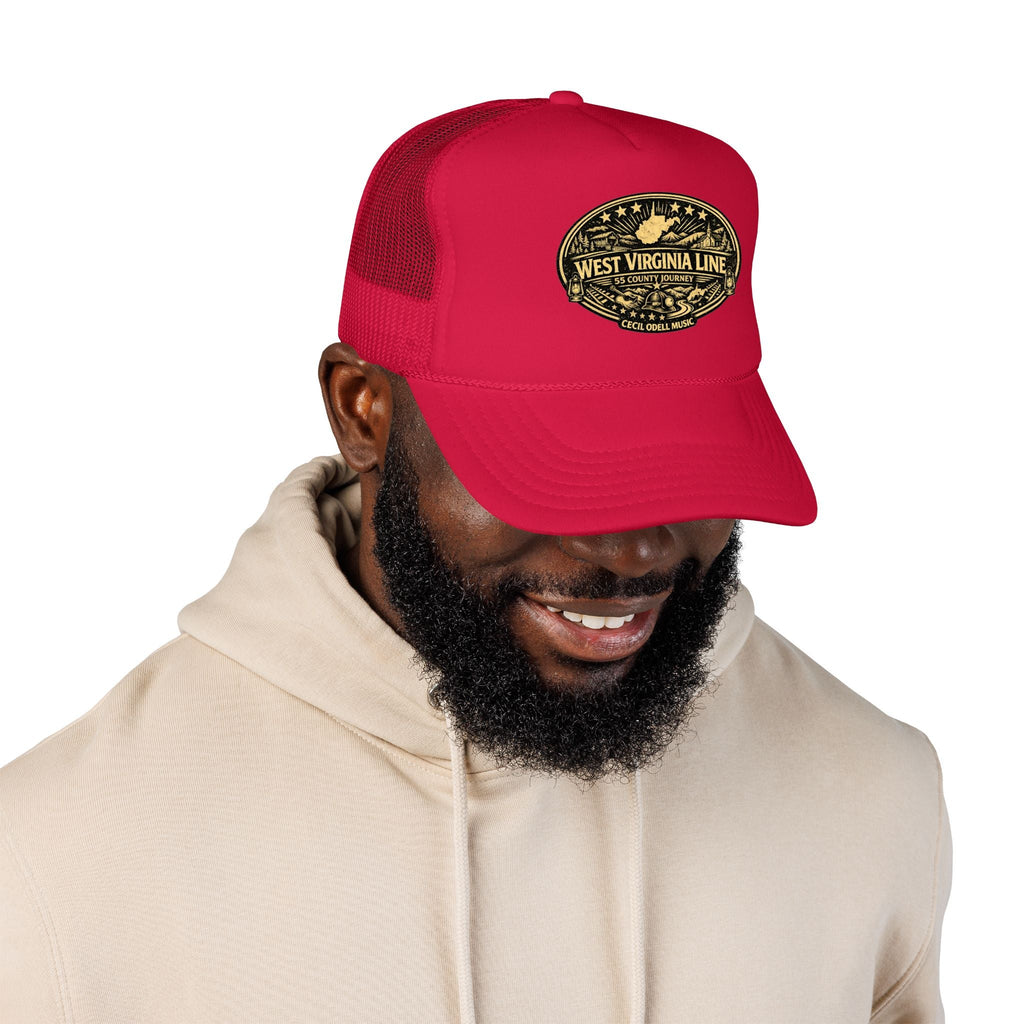 West Virginia Line Vintage Foam Trucker Hat: Rustic State Patch Cap - Cecil Odell Music