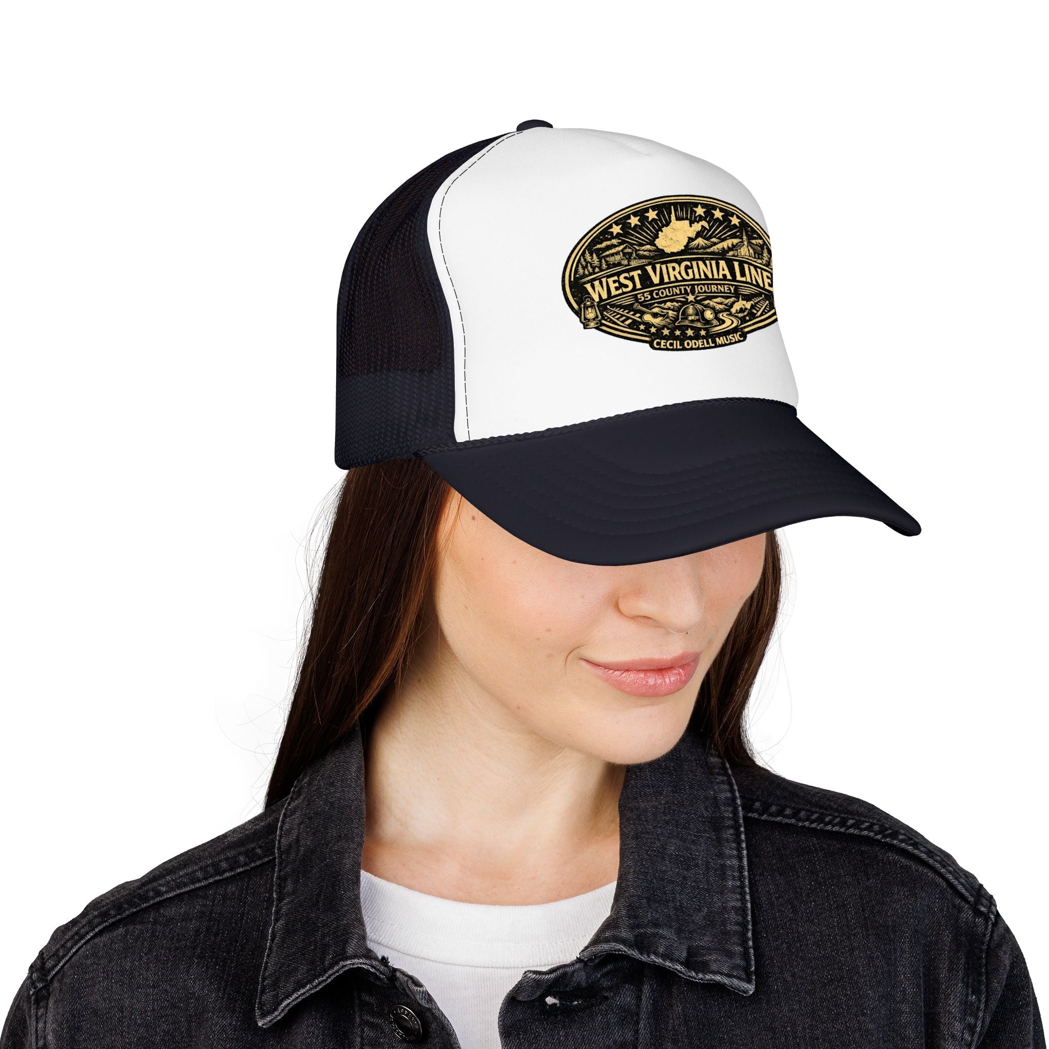 West Virginia Line Vintage Foam Trucker Hat: Rustic State Patch Cap - Cecil Odell Music