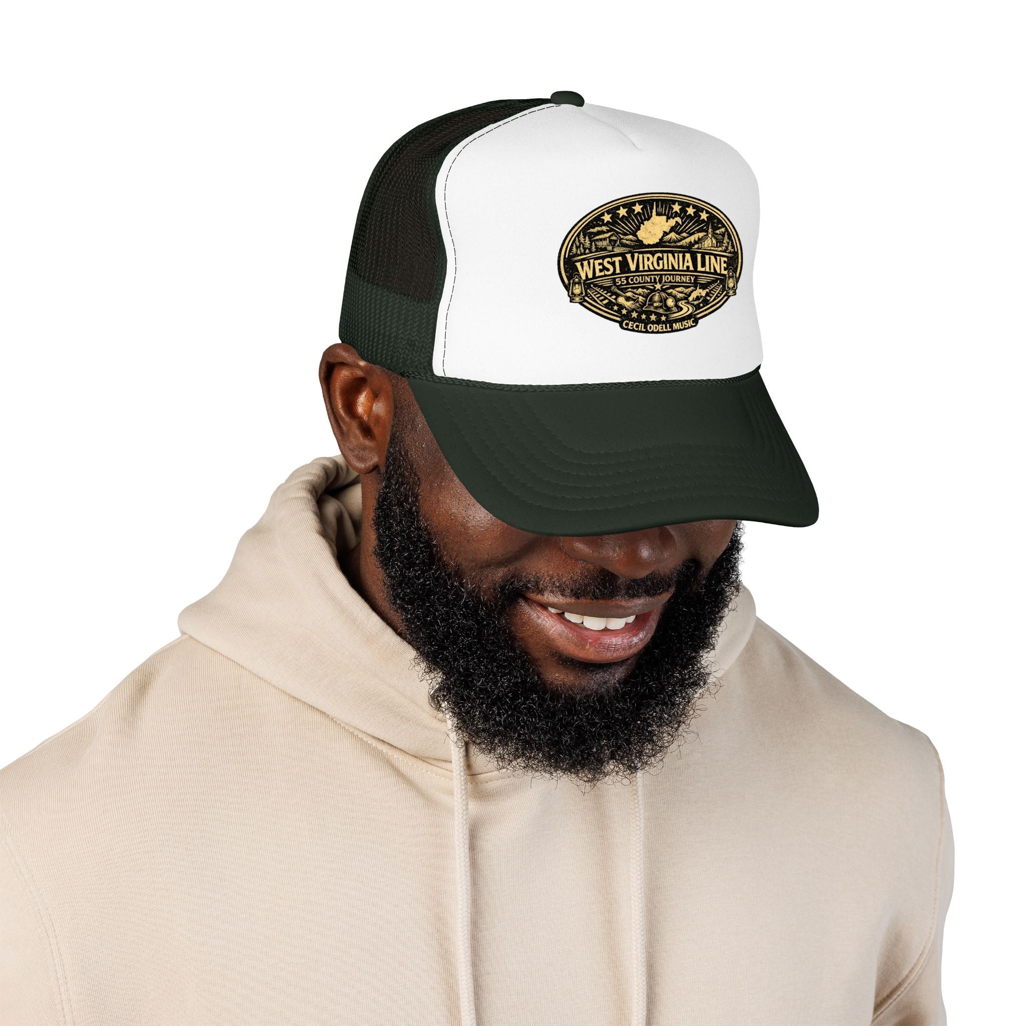 West Virginia Line Vintage Foam Trucker Hat: Rustic State Patch Cap - Cecil Odell Music