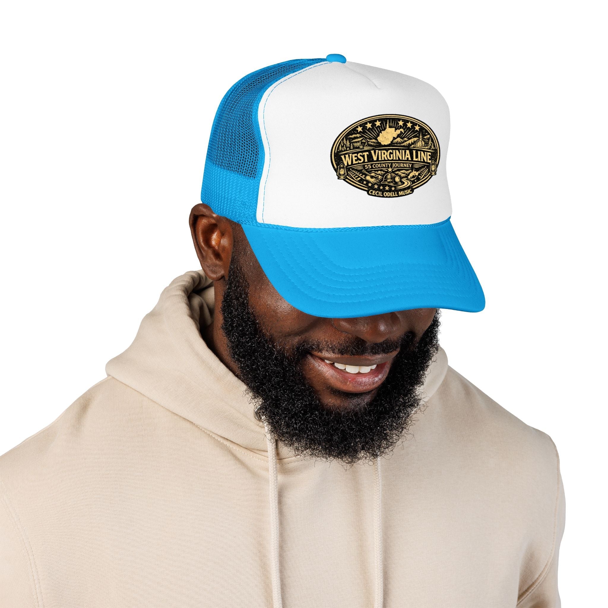 West Virginia Line Vintage Foam Trucker Hat: Rustic State Patch Cap - Cecil Odell Music