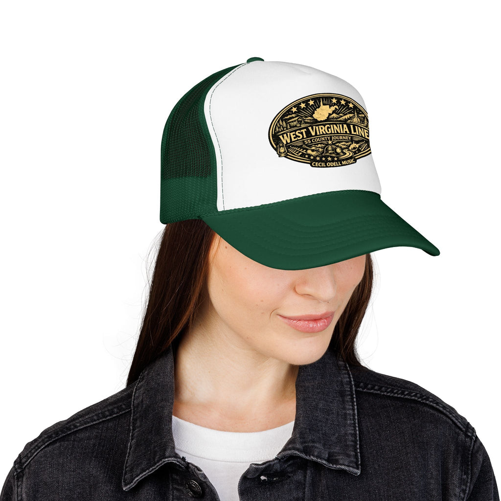 West Virginia Line Vintage Foam Trucker Hat: Rustic State Patch Cap - Cecil Odell Music