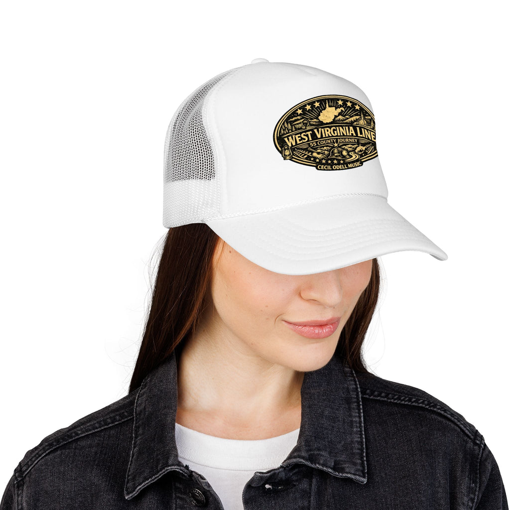 West Virginia Line Vintage Foam Trucker Hat: Rustic State Patch Cap - Cecil Odell Music